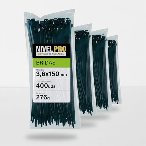 NIVELPRO Bridas de plastico, 3'6 x 150 mm, 400 unidades, Bridas resistentes exterior e interior, Diferentes tamaños, Bridas de cremallera, Color negro