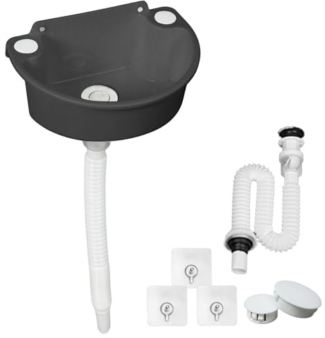 Ausgussbecken aus Kunststoff Halbkreis Gebogen Spülbecken, Camping Waschbecken Kleines Waschtisch für Wohnmobil Keller Waschküche inkl.Ablassstopfen&Siphon-Abflussrohr