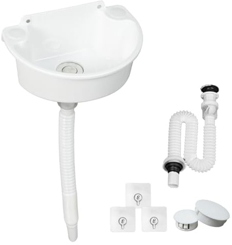 Ausgussbecken aus Kunststoff Halbkreis Gebogen Spülbecken, Camping Waschbecken Kleines Waschtisch für Wohnmobil Keller Waschküche inkl.Ablassstopfen&Siphon-Abflussrohr