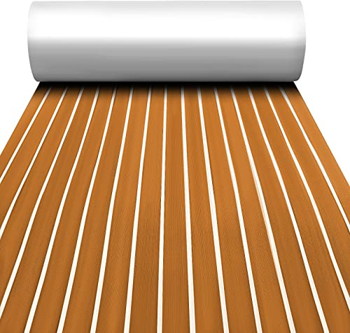 TOOGOU Schiuma Eva Tappetino Marino Barche in Teak Sintetico (240cm × 90cm), Tappetino Antiscivolo in Eva Adatto per la Decorazione di Barche, Marittimi, Kayak (Marrone con Strisce Bianco)