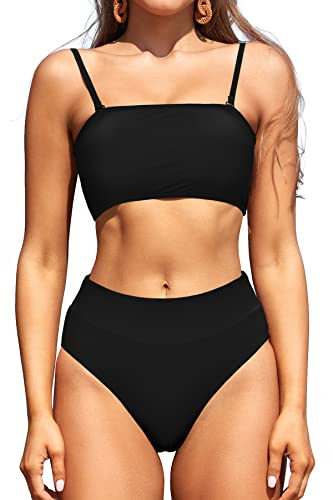 SHEKINI Costume da Bagno Donna Due Pezzi Bandeau Top Bikini Tracolla Regolabile Vita Alta Stampati Bikini Fondo Costumi Due Pezzi Donna da Spiaggia (M, Nero)