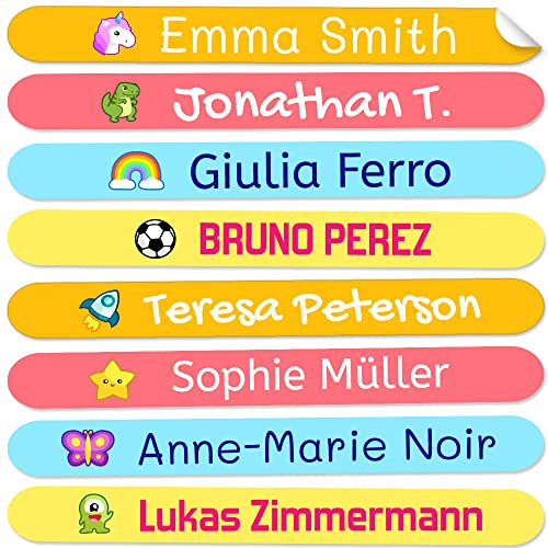 50 Pegatinas Personalizadas con Nombre para material escolar. Etiquetas adhesivas mini de colores. Vinilo adhesivo identificativo impermeable para bolis y lápices. Tamaño 4,6 x 0,6 cm