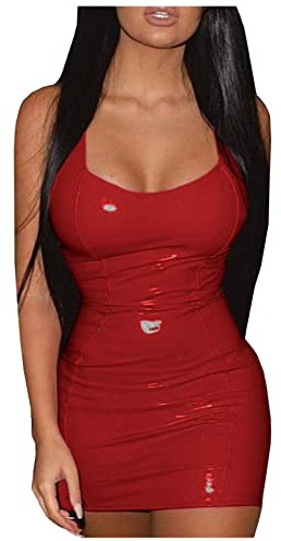 PDYLZWZY Robe à manches longues en latex et cuir synthétique pour femme - Extensible - Moulante - Brillante - Effet mouillé - Sexy - Pour soirée, fête, club - Mini robe, Rouge (2), S