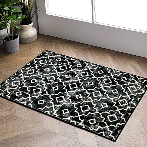 KIMODE Marokkanische Klein Fußmatte innen Kurzflor Teppich - 60x90cm Waschbar Schwarz/Grau Badezimmerteppich,Weich rutschfest Moderne Badezimmer Teppiche Für Schlafzimmer Küche Eingangsbereich