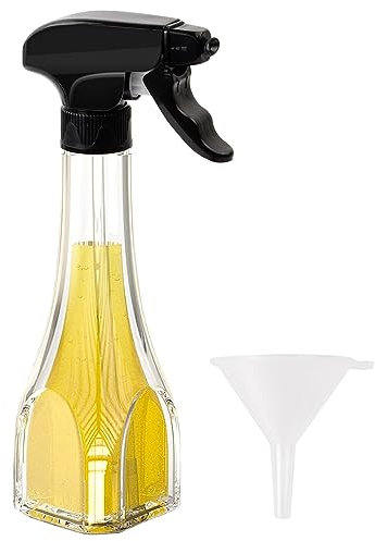 dentedeleao Ölsprüher Glas für Speiseöl 240ml mit 1 Trichter, Lebensmittelechter Öl Sprühflasche mit Verstellbare Düse, Öl Sprühflasche Ölsprüher Ölspray für Heißluftfritteuse BBQ Salat Backen Braten