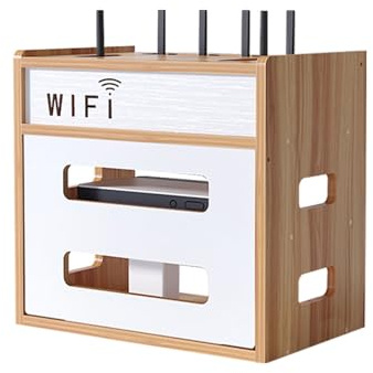 Catekro Router Regal, Router Cabinet, Etagere Pour Decodeur, Router Regal Stehend, Wandregal für Router, Holz WiFi Router Aufbewahrungsbox für Raumdekoration (Braun)