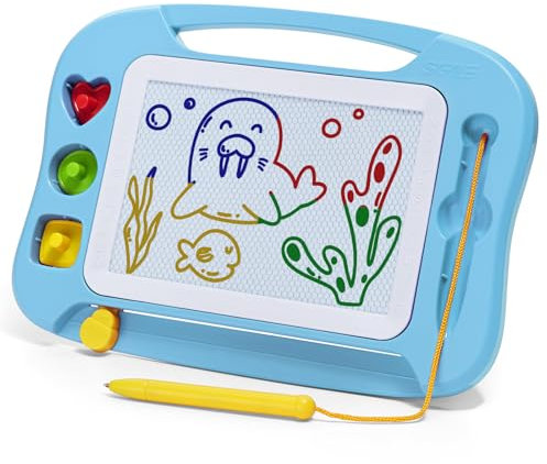 SGILE Zaubertafel Kinder Magnetische Maltafel, Bunt löschbare magnettafel mit Magnetstift und 3 Stempeln, Zaubermaltafel für Reise, Geburtstag, pädagogisches Geschenk für Kleinkinder,Hellblau