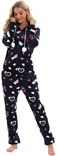 Combinaison Pyjama pour Femmes Une Pièce Super Doux Polaire Chaud Grenouillere Jumpsuits Pyjama Onesie Tout en Un en Polaire Polaire Capuche Vêtement Nuit Adulte