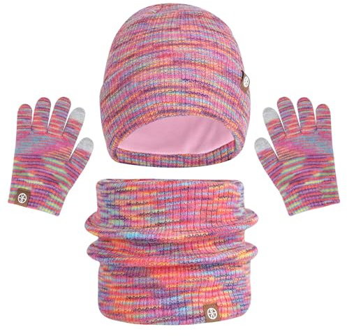 3 Pieces Kids Hat Scarf Gloves Set Thermal Knitted Hat Scarf and Gloves Set Kids with Double Layer Fleece Lining Two Fingers Touch Screen Gloves Set for Children Outdoor Boy Girl (Colorful)