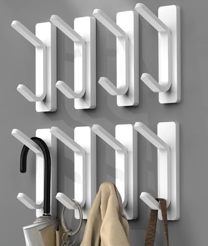 YIGII Adhesive Towel Hooks, 8 Pack Coat Hooks Stick on Wall Door, Plastic Self Adhesive Hook Heavy Duty for Hanging Towel/Coat, Bathroom, White