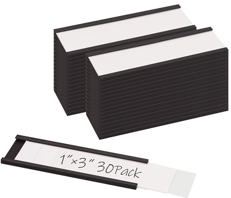 Realth 30 PCS Etiquetas Magnéticas Escribible Portaetiquetas Magnéticos Con Película Protectora Transparente 25.4MM X 76.2MM para Oficinas, Almacenes y Estanterías Metálicas (MLH1330)