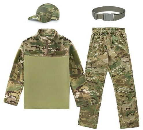 QIYUANT Bambini Set di Maglietta e Pantaloni Tattica Airsoft Militare Camuffare Primavera Estate Autunno Combattere All'aperto Caccia (CP/Maglietta + Pantaloni + Berretto + Cintura, 120)