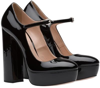 Women's Platform Chunky Heel Pumps, Classic Round Toe Dressy High Heels, Elegant Ankle Strap Closed Toe Block Platform Heels Party Dress Shoes,Black,7 UK