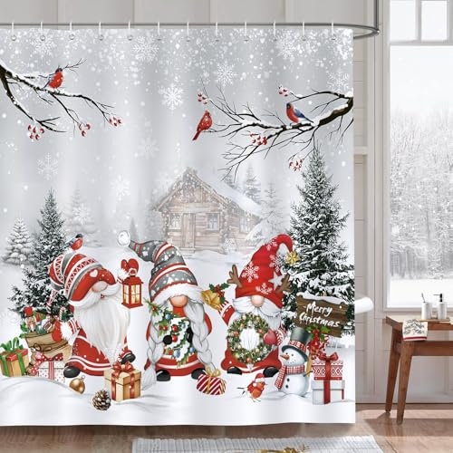 Bonhause Duschvorhang Weihnachten GNOME Xmas Kiefern Kardinal Bauernhaus Winter Duschvorhänge 180 x 180 cm Anti-Schimmel Wasserdicht Polyester Stoff Waschbar Bad Vorhäng für Badzimmer mit 12 Haken