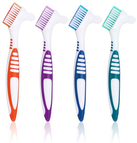 JIYIN 4 Stück Prothesenbürste, Tragbare Prothesen-Reinigungsbürste Zahnbürste für Prothesen Doppelseitige Borsten Zahnersatzbürste für Prothesenpflege
