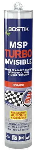 BOSTIK MSP Turbo Invisible, Adhesivo de Agarre Inmediato, Ideal Pegados Verticales, Resistente al Moho y a las Bacterias, Pega sobre Superficies Húmedas y bajo Agua, Alta Resistencia, Cartucho 290 ml