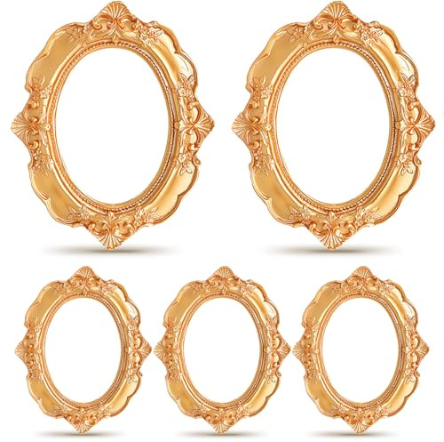 Geelin 5 Pcs Mini Gold Frames Set Vintage Resin Picture Frames Small Baroque Antique Gold Photo Display For Christmas DIY Photography Holiday Decoration, Without Glass or Backing(Classic Oval)