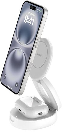 Belkin 2-in-1 Convertible Wireless Charging Station, Wireless Portable Charger 15W, MagSafe-Compatible Qi2 Charger for iPhone 17, Air, AirPods with Weighted Non-Slip Base, 30W Charger Included - White