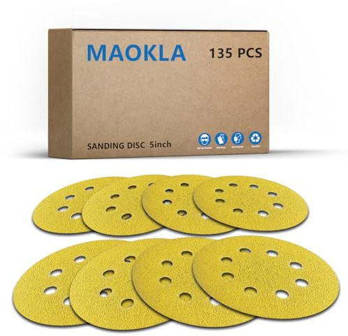MAOKLA 135 PCS 5 Inch Sanding Discs, 8 Hole, Round Hook and Loop Sandpaper, 40-400 Grit, Gold, for Random Orbital Sander