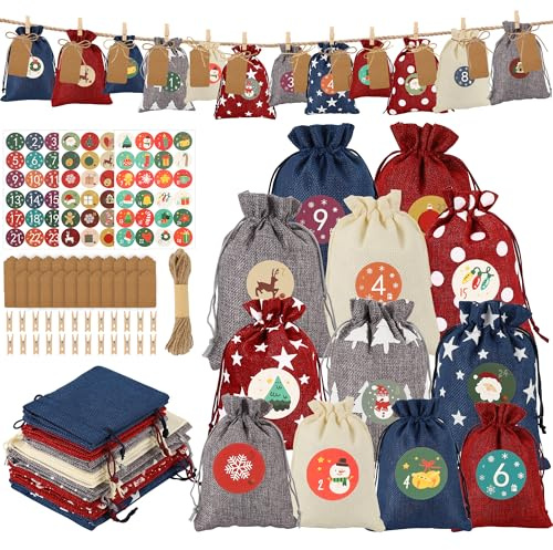 Gucass 24 calendarios de Adviento para rellenar, calendario de Navidad para rellenar, grande, calendario de Adviento 2025, bolsas de yute para niños