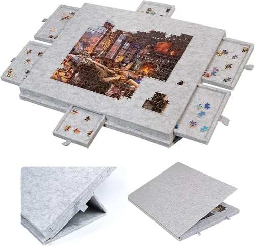 Qinyuyang Plateau de Puzzle pour 1 000 pièces avec 6 Plateaux Tapis de Puzzle léger en Feutre Table de Puzzle Portable pour Adultes Rangement antidérapant pour Puzzles, Light Gray