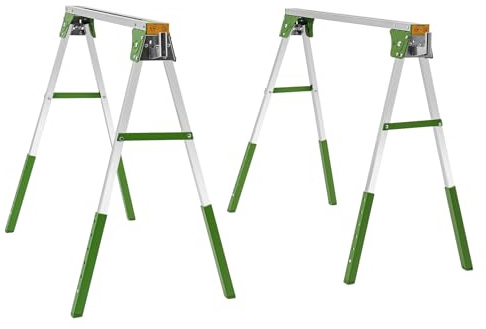 Folding Saw Horse Twin Pack, Heavy Duty Workbench with Flip-Down Pegs, 2 x 4 Support Arms Folding Trestle, Non-Slip Pads & Surface, Metal Trestle Stands Sawhorse (Green)