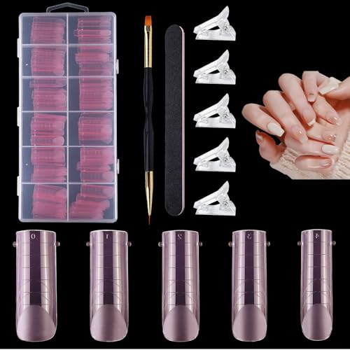 VEGCOO 120 Pezzi Unghie Finte Nail System Dual Nail Form, Acrilico Strumenti per Manicure, Rosa Riutilizzabili Nail Dual Form Kit,12 Taglie Tip Unghie Ricostruzione con Scala Graduata (Quadrate)