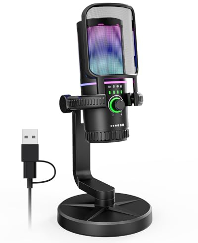 SINWE Microfono Gaming USB con Cancelación de Ruido - Micrófono para PC/PS4/PS5, Streaming y Podcasts - Incluye Filtro Antipop, Suspensión y Luz RGB