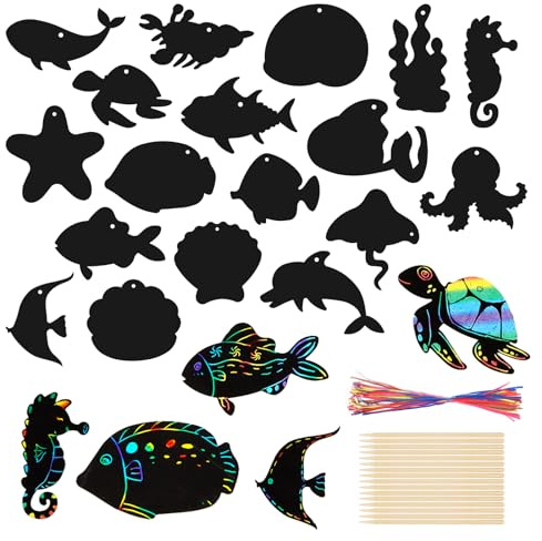 72 Stück Meerestiere Kratzbilder für Kinder, Regenbogen Scratch Art, Kratzpapier Regenbogen Scratch Art mit Holzstiften Seile für Kindergeschenke, Klassenzimmer, DIY-Spielzeug, Party Mitgebsel