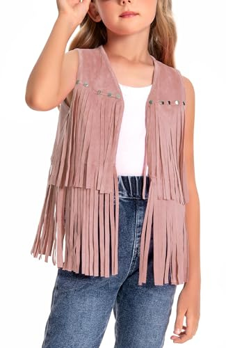 Happy Cherry 2026 Girls Fringe Vest Suede Cowgirl Fringe Sleeveless Jackets Boho Tassels Cardigan Western