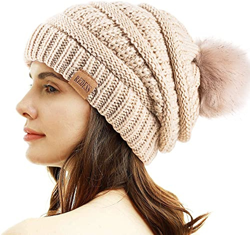 REDESS Bonnet d'hiver à Pompons pour Femme Doublure Polaire Chaude Épais Slouchy Snow Knit Chunky Baggy Skull Ski Cap