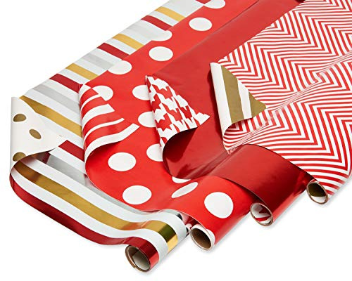 American Greetings Wrapping Paper Rolls for Christmas or Any Occasion, Metallic Gold and Red Holiday Gift Wrap (120 sq. ft., 4 Rolls-30 in. x 12 ft., Reversible) Stripes, Polka Dots, Zig Zags