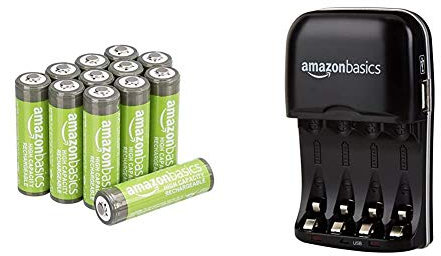 Amazon Basics AA High-Capacity Rechargeable Batteries 2400mAh (12-Pack) Pre-charged & Ni-MH AA & AAA Battery Charger With USB Port