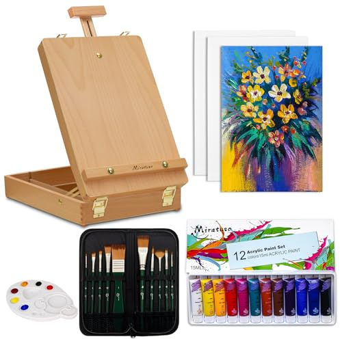 Samoart Art Supplies 27 Pieces Art Set with Tabletop Easel, 12 Acrylic Paint, 10 Paint Brushes, 3 Canvas Panels, Palettes, Portable Desktop Easel Set Suitable for Artists, Beginners, Students