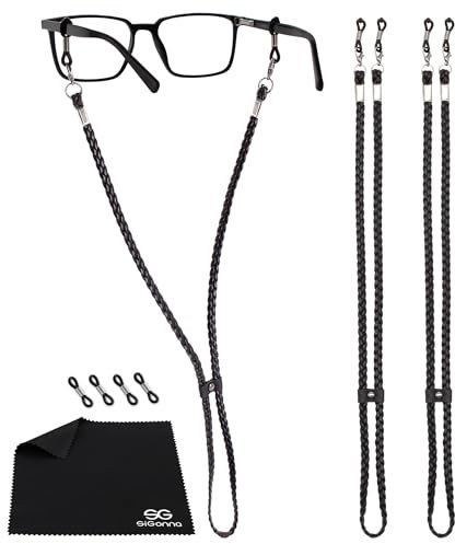 SIGONNA Eye Glass String Strap Holder - Premium ECO Leather Glass Straps - Eye Glass Chain Holder to Wear - Eyeglass Chain for Man Women - Eyeglass Lanyard - 2 Cords (Black)