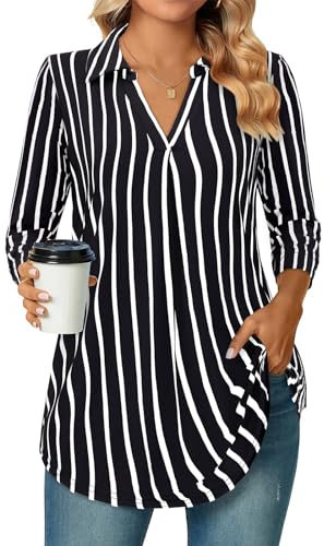 Siddhe Damen Bluse Tops Elegant Longbluse 3/4 Ärmel Oberteile V-Ausschnitt Tunika T-Shirt A-Linie Locker Arbeit Longshirt Lässige Business Shirt Mode Hemd Büro Damenblusen,Schwarz-Gestreift XXL