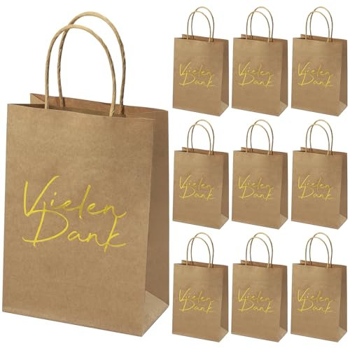 Donindis 20 Papiertüten mit Henkel, Vielen Dank, Kraftpapier, Goldfolie, 21 * 15 * 8cm
