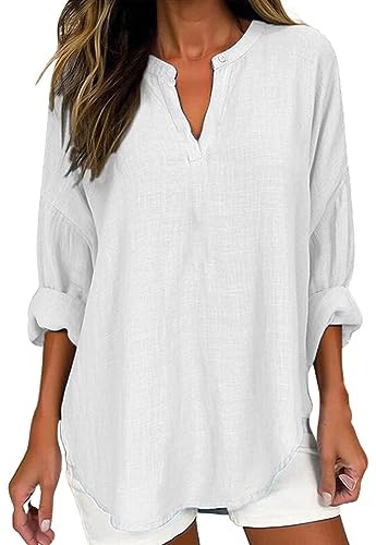 MJGkhiy Camisa mujer algodón lino curvy camiseta oversize cuello en V verano blusa elegante tallas grandes botones camiseta manga larga Tee Tops Blusa Camiseta