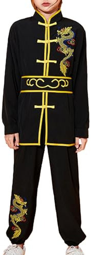 iiniim Kinder Kung Fu Uniform Jungen Mädchen Tai Chi Anzug Drache Stickerei Langarm Tops mit Hose Traditionelle Chinesische Kampfkunst Anzug Schwarz 98-104