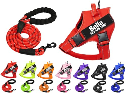 SLZZ Harnais anti-traction pour chien avec nom d'identification, numéro de téléphone et laisse en corde, réfléchissant, facile à enfiler pour chiens de tailles XS, M, L et XL