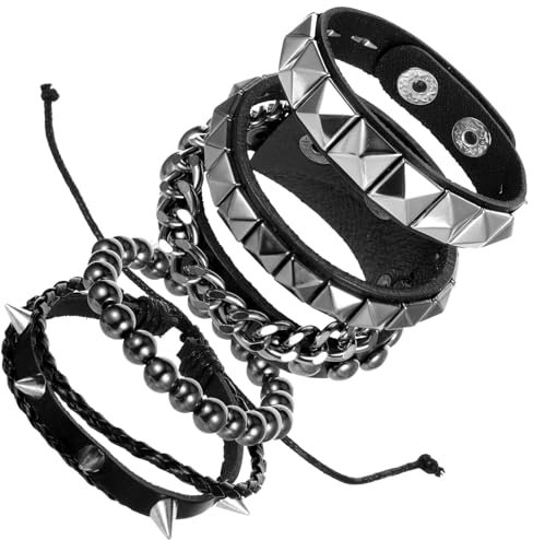 Qianyu 4 Stück Punk Besetztes Lederarmband Einstellbar Schwarz Spike Gothic Punk Armreif Rock Armband Set für Männer Frauen Verstellbare Stacheliges Armband für Männer Frauen Cosplay Party