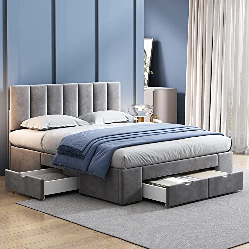 OKYION Polsterbett 140x200 cm Doppelbett mit Höhenverstellbarem Kopfteil Stauraumbett mit 4 Stauraum Schubladen Bett mit Bettgestell und Lattenrost Samt Grau ohne Matratze