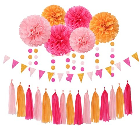 FrostyFlair Pompons dekorationer, 23 stycken ljusrosa bränd orange – höstträdgårdsfestdekor, födelsedagsdekorationer, pomponger för bröllop, trädgårdsfester