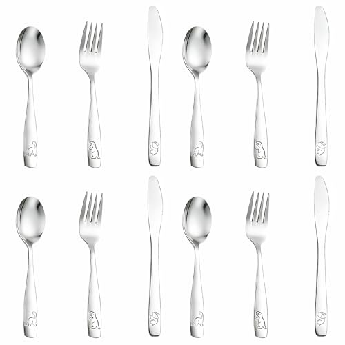 12 Piezas Cubiertos Infantiles Acero Inoxidable, 4 x Forchetta, 4 x Cucchiai, 4 x Cena Cuchar, Juego de Cubiertos Infantiles Personalizados, Dinosaurios Vajilla Infantil para Adecuado para el Hogar y