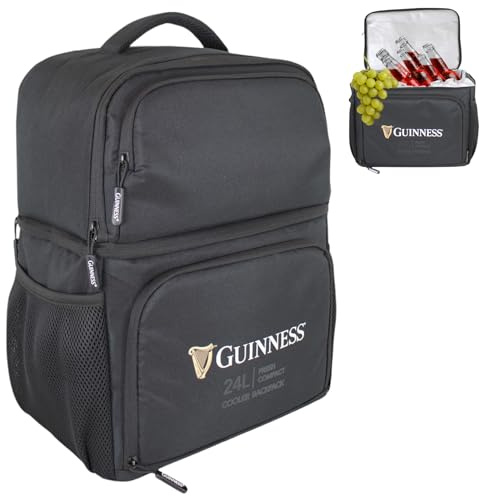 Guinness Cooler Backpack 24L – Insulated bag with padded straps, side pockets & leakproof lining. Perfect for travel, camping, BBQs, picnics & beach trips. Official Guinness cool bag for outdoors