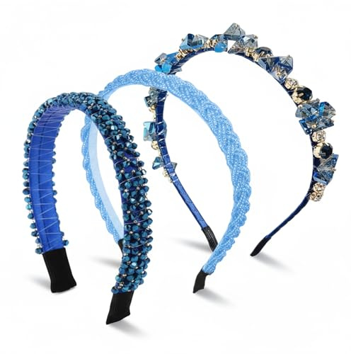 Sdhgerh 3 cerchietti per capelli da donna, in cristallo, blu scuro, 1,2/1,5/2 cm, in metallo, per costume tradizionale Dirndl, per matrimonio, comunione, carnevale e feste (blu scuro)