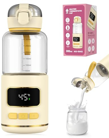 eSynic Scaldabiberon Ricaricabile 300ml in Vetro Visibile, Riscaldamento Rapido 3-4 Minuti, Batteria Lunga Durata 15000mAh, LED Display Temperatura 37-55°C, Bottiglia Termica per Latte Formula Acqua