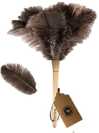 Plumero de Plumas de Avestruz auténtico Esponjoso Natural con Mango de Madera y Suministros de Limpieza de Mano Reutilizables ecológicos, Gris y marrón (Longitud de 16 Pulgadas)