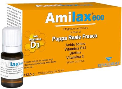 Amilax 600 - Integratore Alimentare A Base Di Pappa Reale Fresca, Acido Folico, Vitamina C, con vitamina D3-10 Flaconcini Da 10 ml