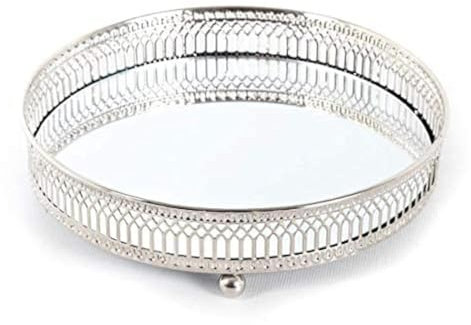 KARRMA Mirror Glass Metal Antique Decorative Candle Plate Display Tray ~ Centerpiece Candle Tray, Perfume TrayTealight Candle Plate (28CM, Silver)